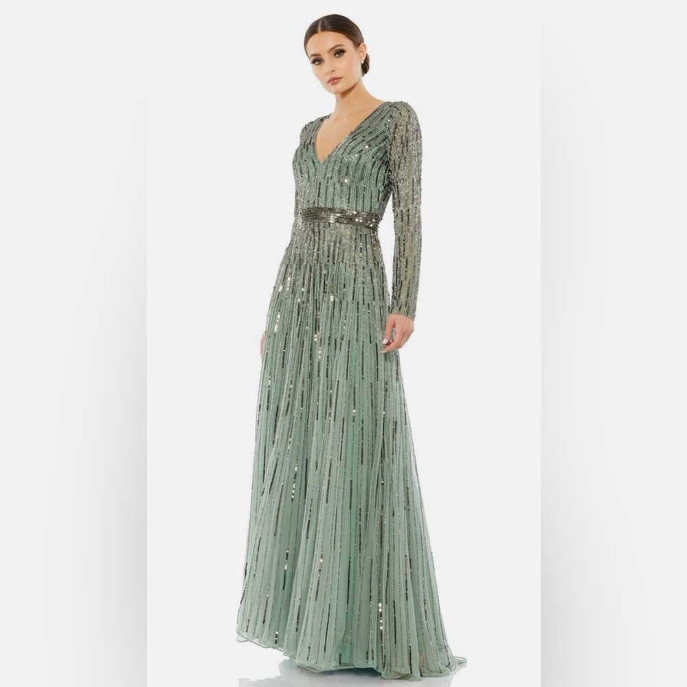 Mac Duggal Long Sleeve Sage Sequin Gown